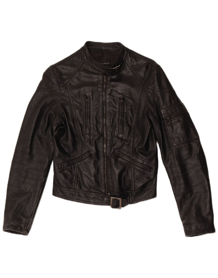 Vintage Γυναικείο Crop Leather Biker Jacket UK 10 Small Black Leather
