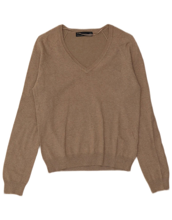 Γυναικείο πουλόβερ Zara με V λαιμόκοψη UK 18 XL καφέ βαμβακερό
