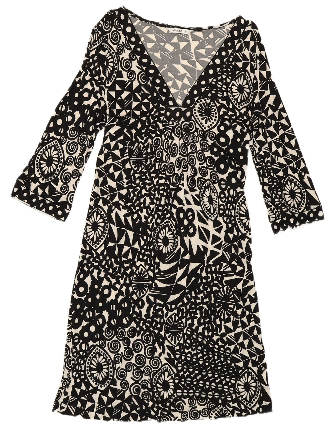 Γυναικείο φόρεμα Marella 3/4 με μανίκια A-line UK 12 μεσαίο μαύρο γεωμετρικό