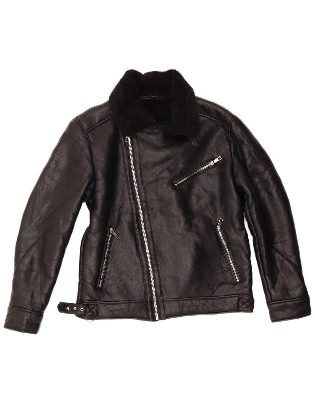 Zara Γυναικείο Sherpa Biker Jacket UK 14 Medium Black Polyester
