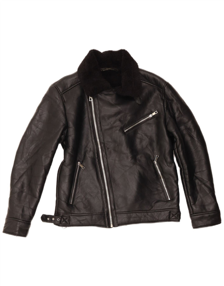 Zara Γυναικείο Sherpa Biker Jacket UK 14 Medium Black Polyester