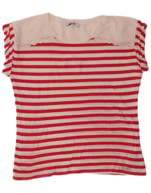 Liu Jo Γυναικείο T-Shirt Top UK 14 Μεσαίο ροζ ριγέ βαμβακερό