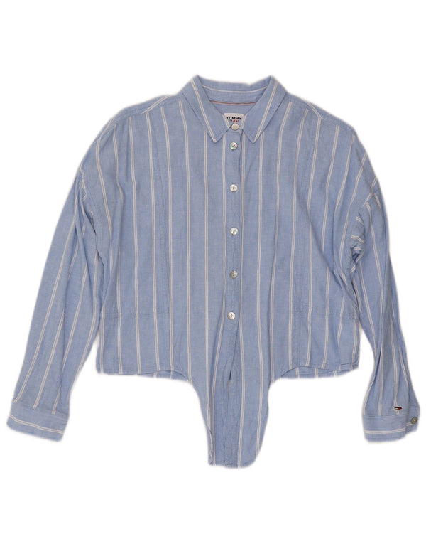 Tommy Hilfiger γυναικείο Crop μπλουζάκι γραβάτα UK 14 μεσαίο μπλε ριγέ λινό