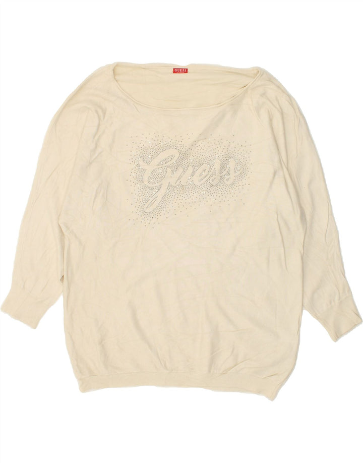 GUESS Womens Graphic Button Neck Jumper Sweater  UK 16 Large Beige Viscose | Vintage Guess | Thrift | Second-Hand Guess | Used Clothing | Messina Hembry 