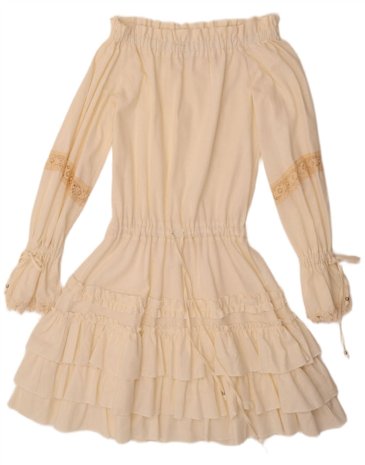 VINTAGE Γυναικείο μακρυμάνικο φόρεμα με ανοιχτό ώμο UK 12 Medium Off White Λινό