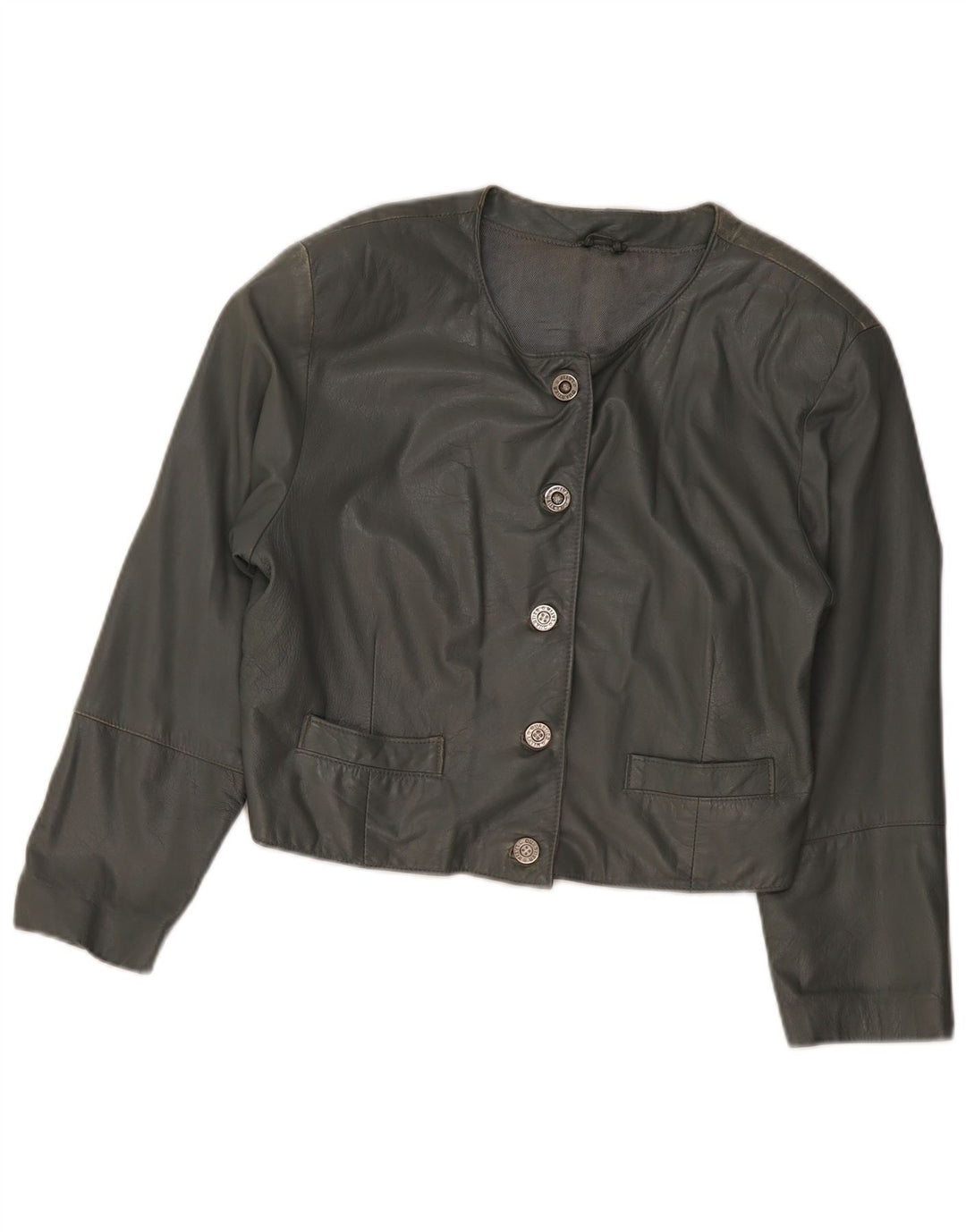 VINTAGE Γυναικείο Δερμάτινο Μπουφάν UK 12 Medium Grey Leather