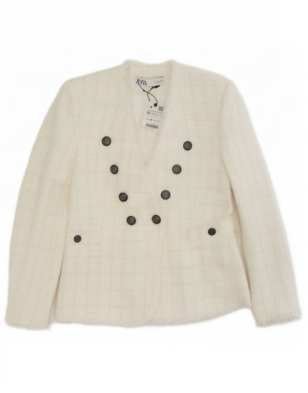 Zara Womens Double Breasted Blazer Jacket UK 12 Medium White Check