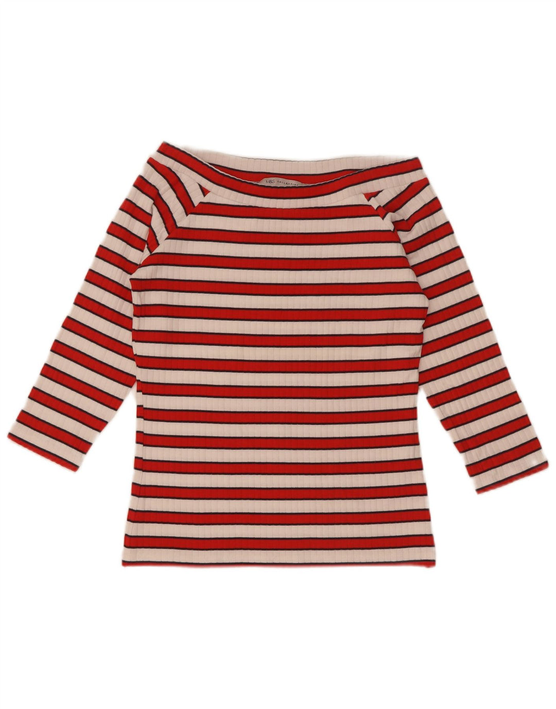 Marks & Spencer Womens Off Shoulder Top 3/4 μανίκια UK 12 μεσαίο κόκκινο ριγέ