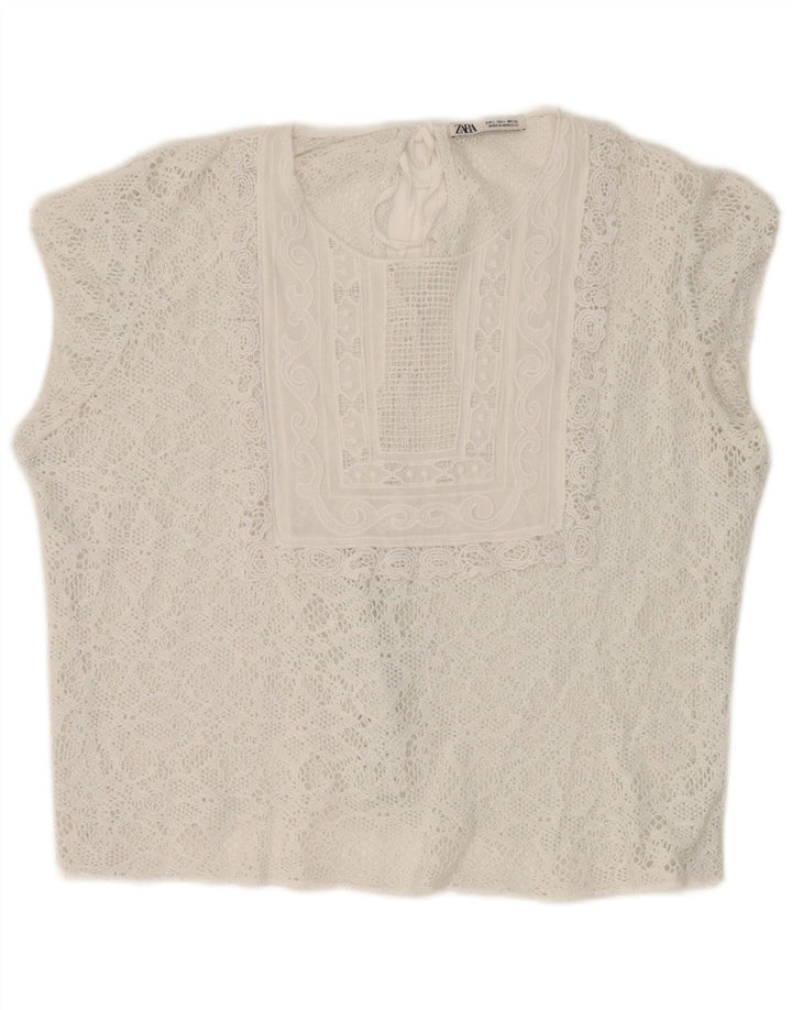 Zara Γυναικεία Crop Lace Μπλούζα Τοπ UK 16 Large White