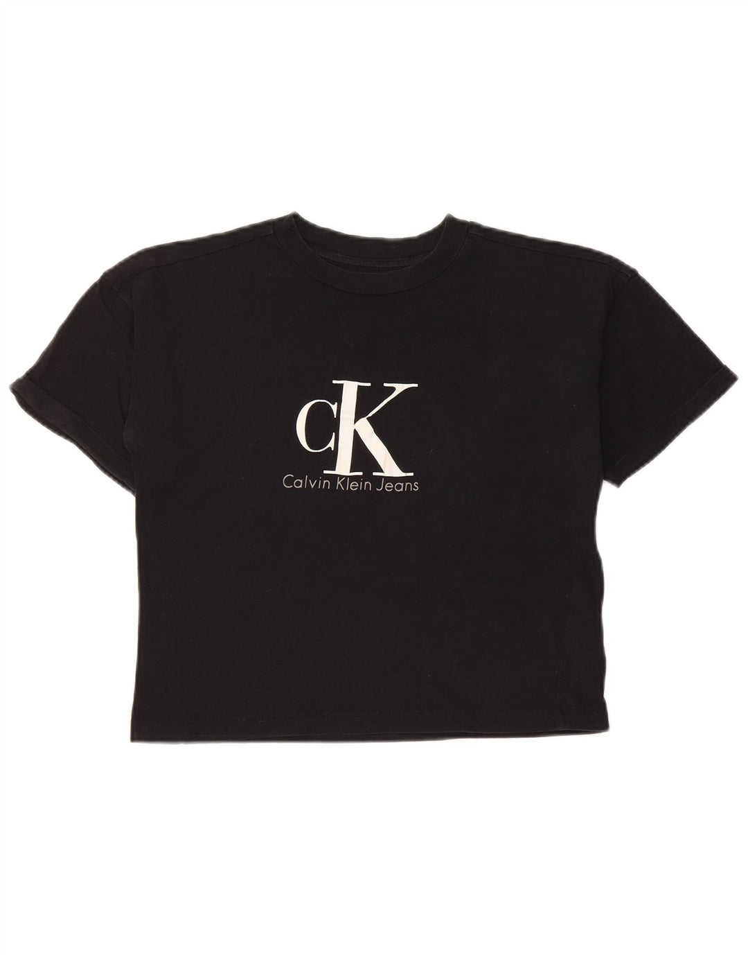 CALVIN KLEIN JEANS Γυναικείο Crop γραφικό T-shirt Top UK 6 XS μαύρο βαμβακερό