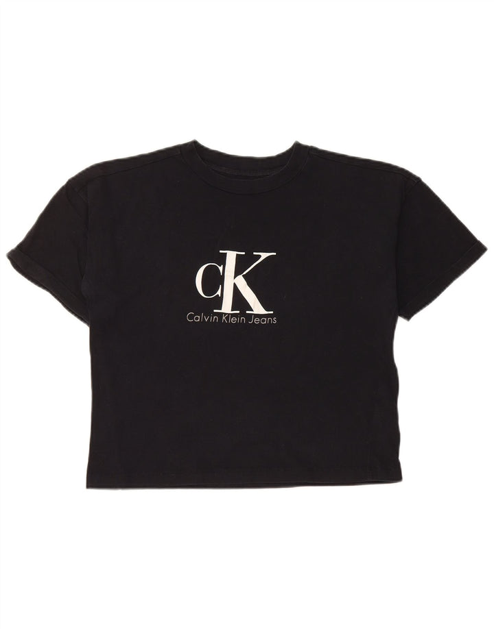 CALVIN KLEIN JEANS Γυναικείο Crop γραφικό T-shirt Top UK 6 XS μαύρο βαμβακερό
