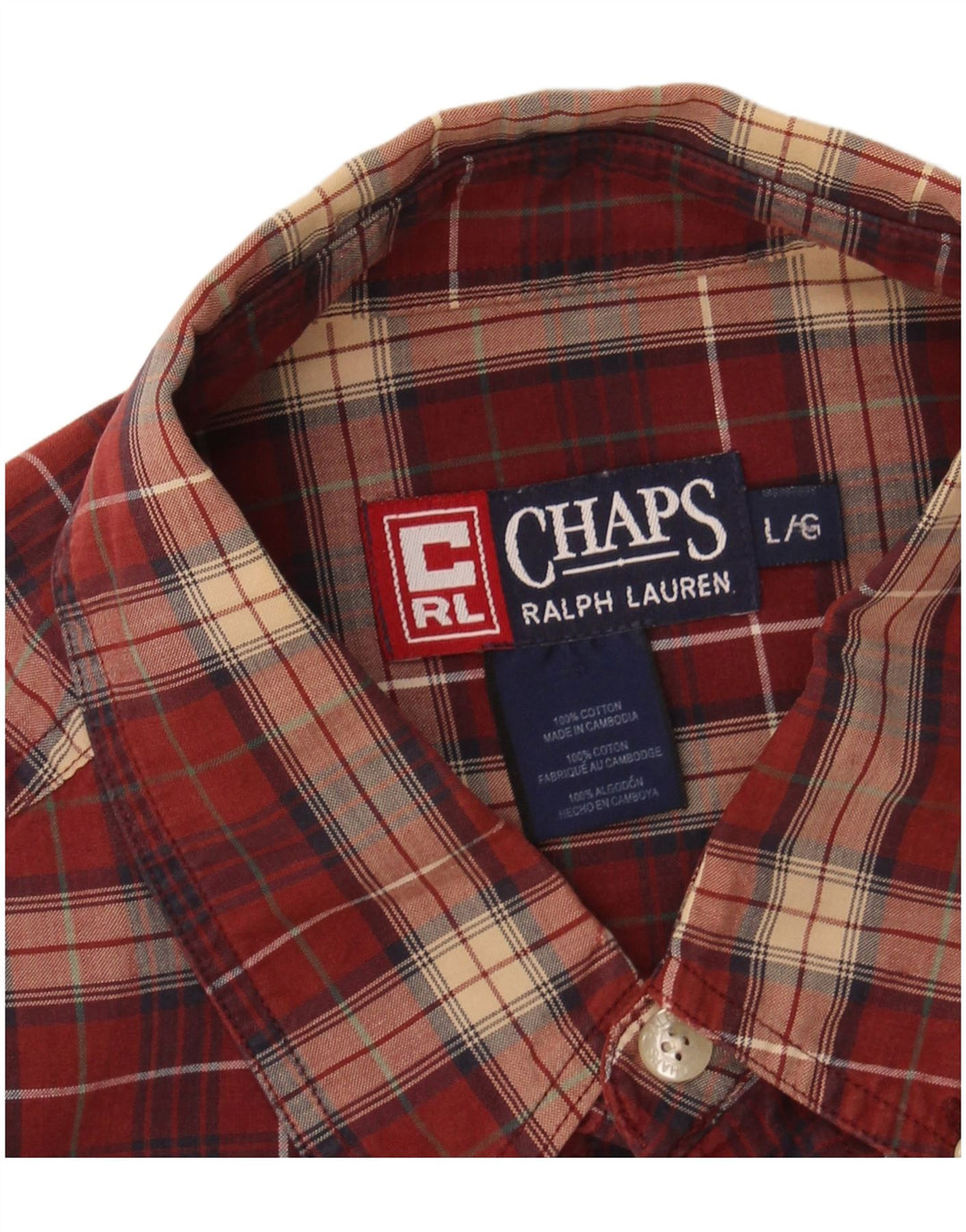 CHAPS Mens Grant Fit Shirt Large Burgundy Check Cotton