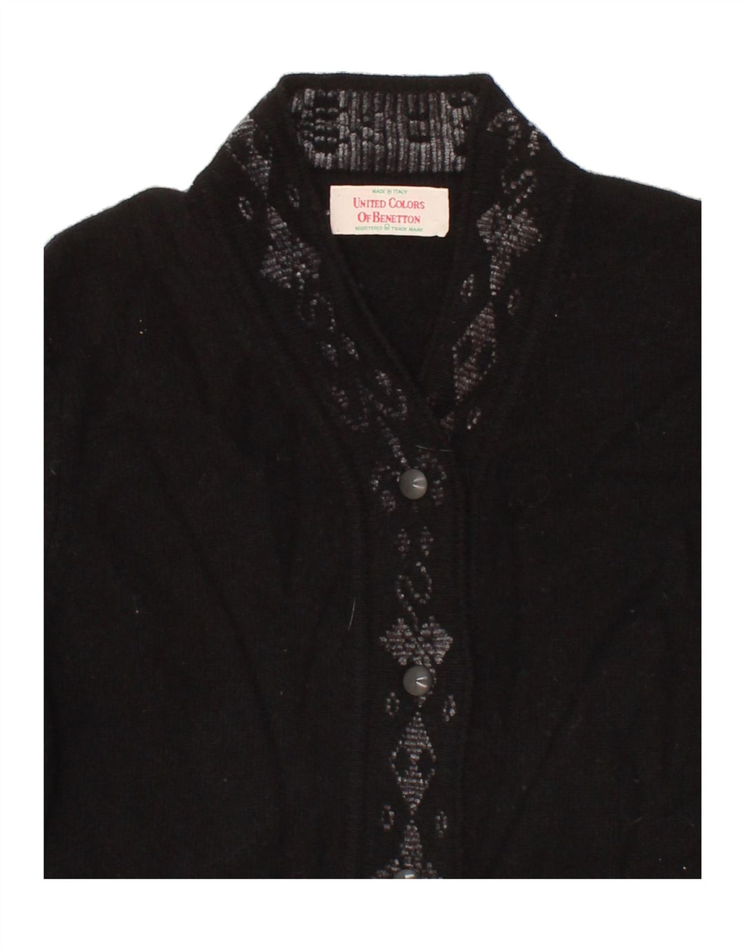 BENETTON Womens Longline Cardigan Sweater IT 46 Large Black Argyle/Diamond Vintage Benetton and Second-Hand Benetton from Messina Hembry 