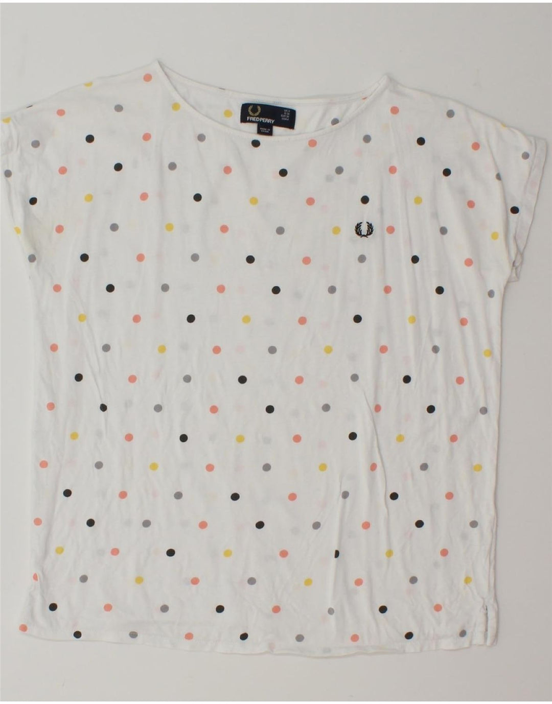 FRED PERRY Womens T-Shirt Top UK 8 Small White Polka Dot Vintage Fred Perry and Second-Hand Fred Perry from Messina Hembry 