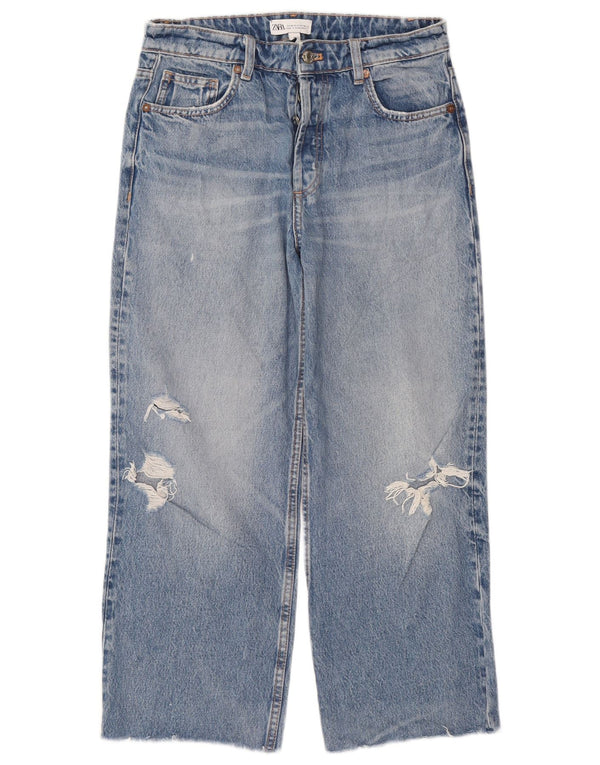 Zara Womens Crop Distressed Loose Jeans EU 36 XS W26 L25 Blue Cotton