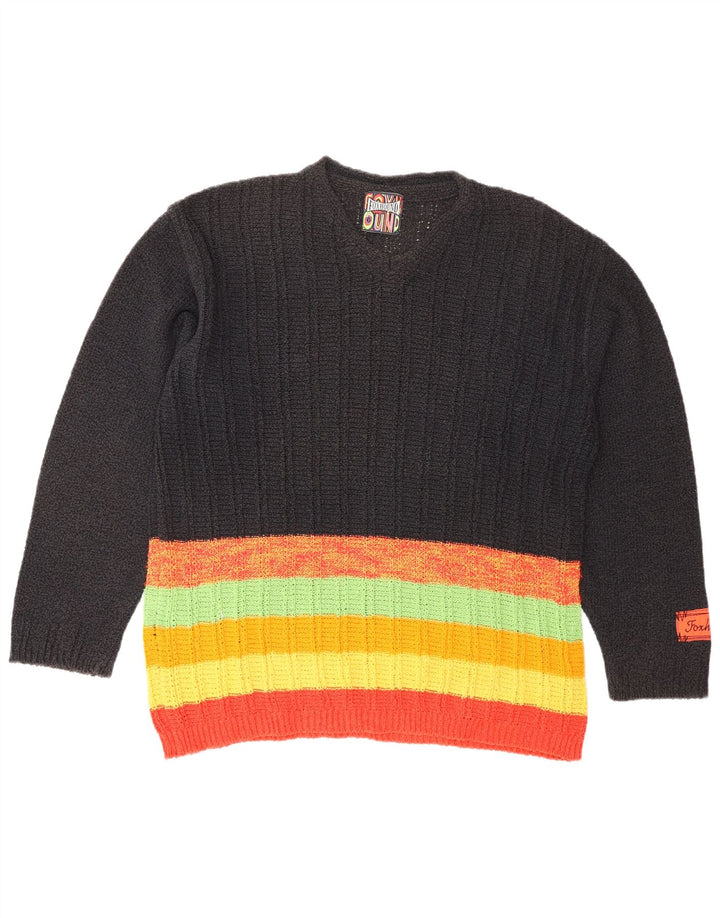 FOXHOUND Ανδρικό πουλόβερ με λαιμόκοψη V-λαιμόκοψη μεγάλο μαύρο βαμβακερό ριγέ