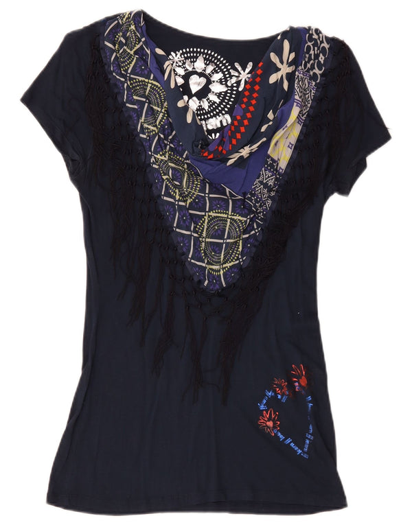 Desigual Womens Graphic T-Shirt Top UK 10 Small Navy Blue Floral