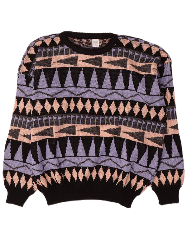 Vintage Mens Crew Neck Jumper Sweater Large Multicoloured Geometric Acrylic
