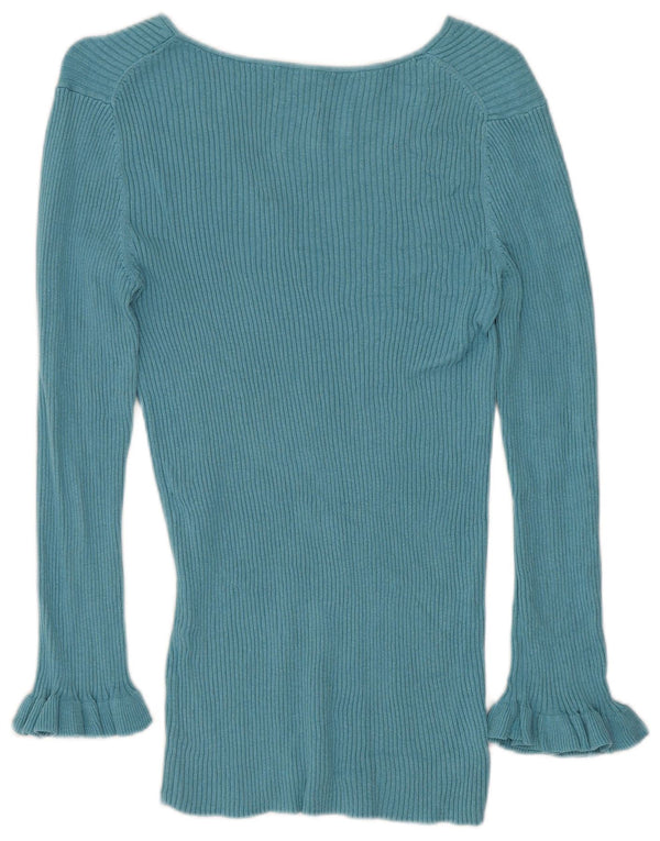 Massimo Dutti Womens V-Neck Jumper Sweater UK 12 Medium Blue Silk