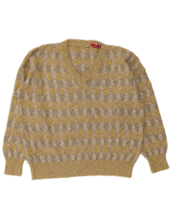 Vintage γυναικείο πουλόβερ με λαιμόκοψη UK 18 XL κίτρινο γεωμετρικό λινό