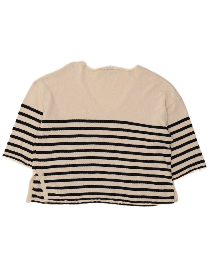 ZARA Womens Oversized V-Neck Jumper Sweater UK 10 Small White Striped