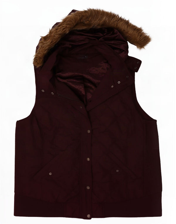 Marks & Spencer Γυναικεία καπιτονέ Gilet με κουκούλα UK 22 3XL μπορντό πολυεστέρας