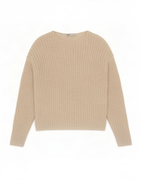 Zara Γυναικεία See Through Crochet Boat Neck Jumper πουλόβερ UK 14 Medium Beige