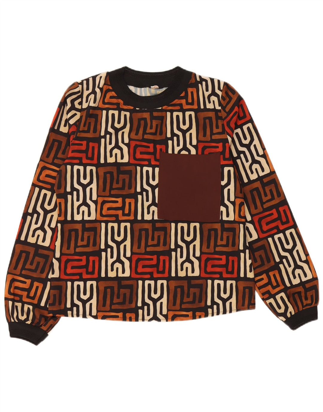 VINTAGE Γυναικείο τοπ μακρυμάνικο UK 12 Μεσαίο καφέ γεωμετρικό