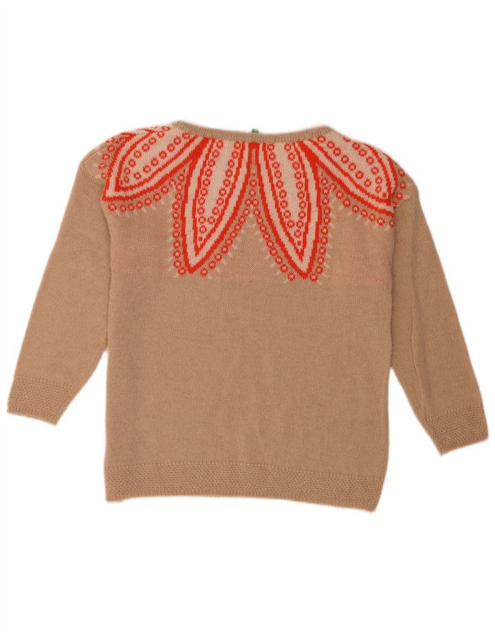 Benetton Γυναικείο Abstract Pattern πουλόβερ με λαιμόκοψη UK 10 Small Beige