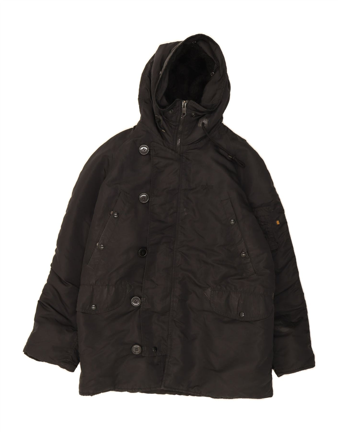ALPHA INDUSTRIES Mens Hooded Windbreaker Jacket UK 38 Medium Black Vintage Alpha Industries and Second-Hand Alpha Industries from Messina Hembry 