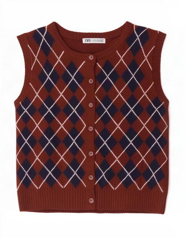 Zara Γυναικείο Αμάνικο Ζακέτα UK 14 Large Brown Argyle/Diamond