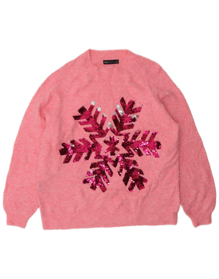 Γυναικείο πουλόβερ Marks & Spencer Graphic Crew Neck Jumper UK 14 Medium Pink