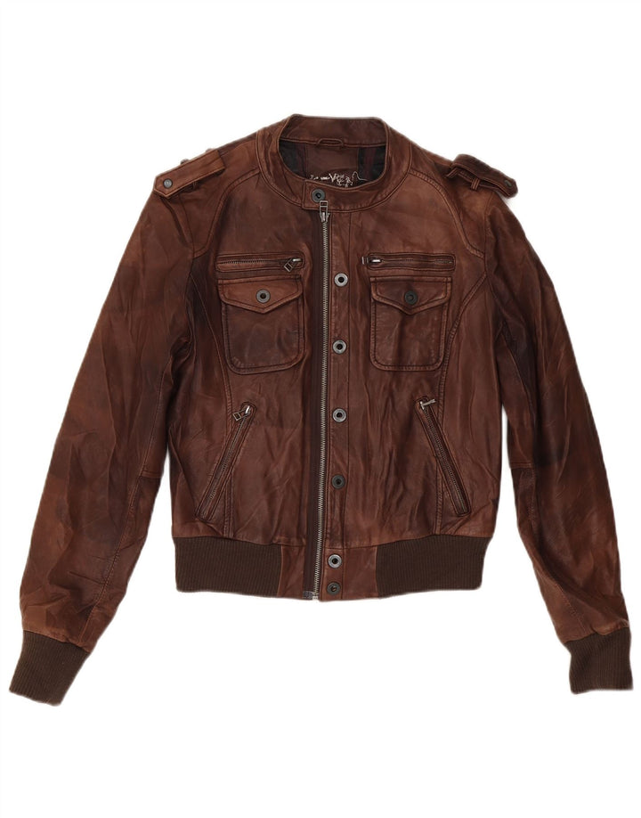 Vintage Boys Military Leather Jacket 11-12 Years XL Brown Leather