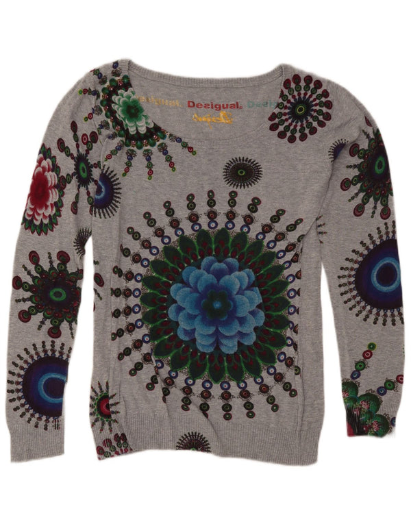 DESIGUAL Γυναικείο γραφικό πουλόβερ με λαιμόκαυστο UK 16 Large Grey Floral