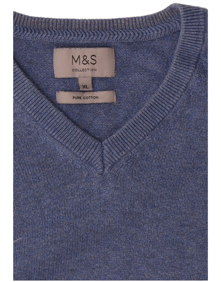 Ανδρικό πουλόβερ Marks & Spencer με V λαιμόκοψη XL Μπλε βαμβακερό