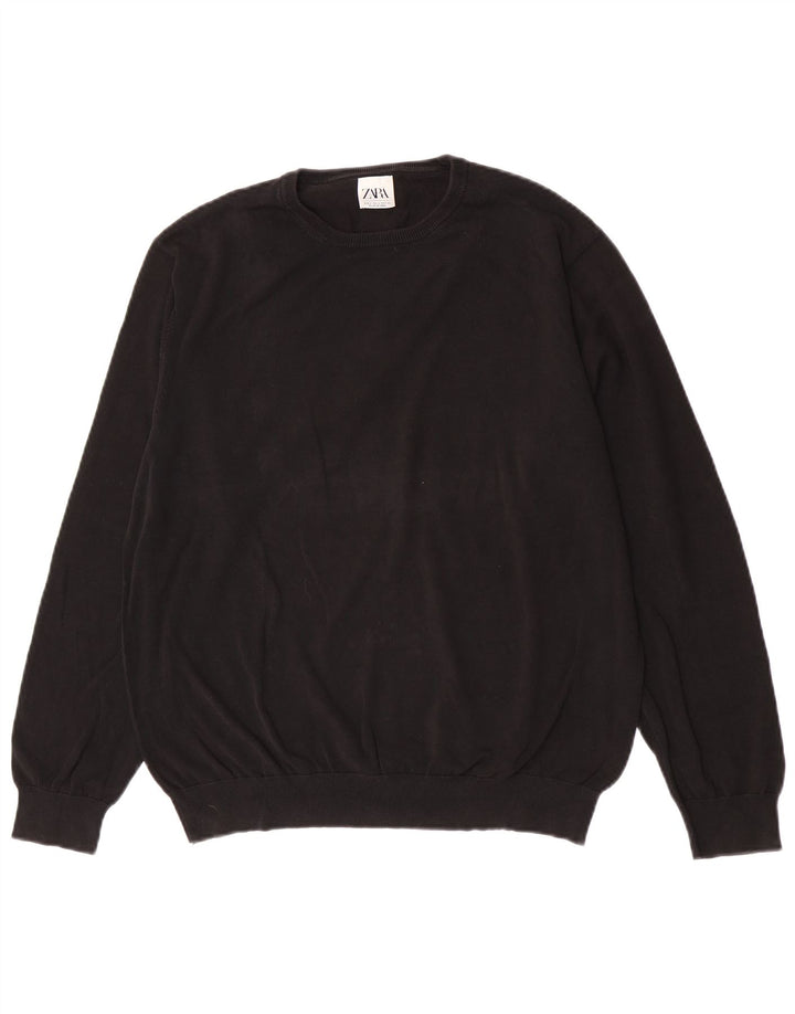 Ανδρικό πουλόβερ Zara Crew Neck Jumper Μεγάλο μαύρο βαμβακερό