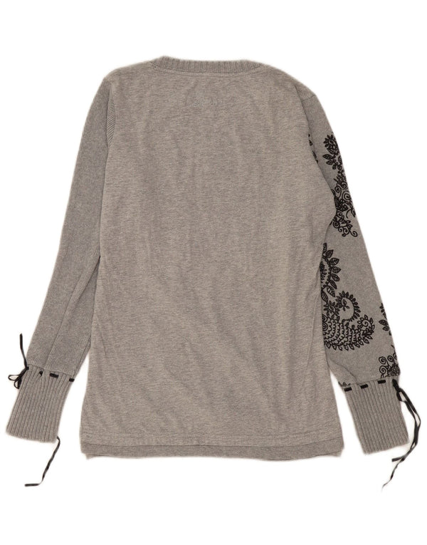 DESIGUAL Womens Graphic Top Long Sleeve UK 12 Medium Grey Paisley Heart