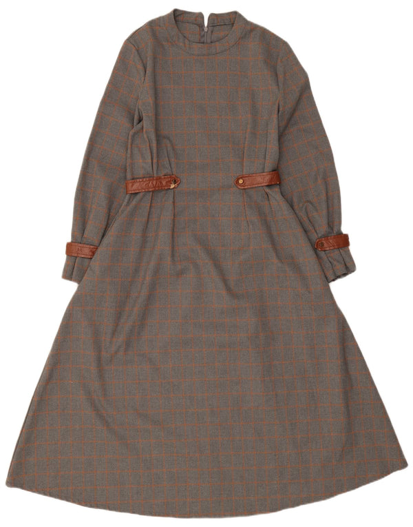 Vintage γυναικείο μακρυμάνικο μάξι φόρεμα UK 10 Small Grey Check
