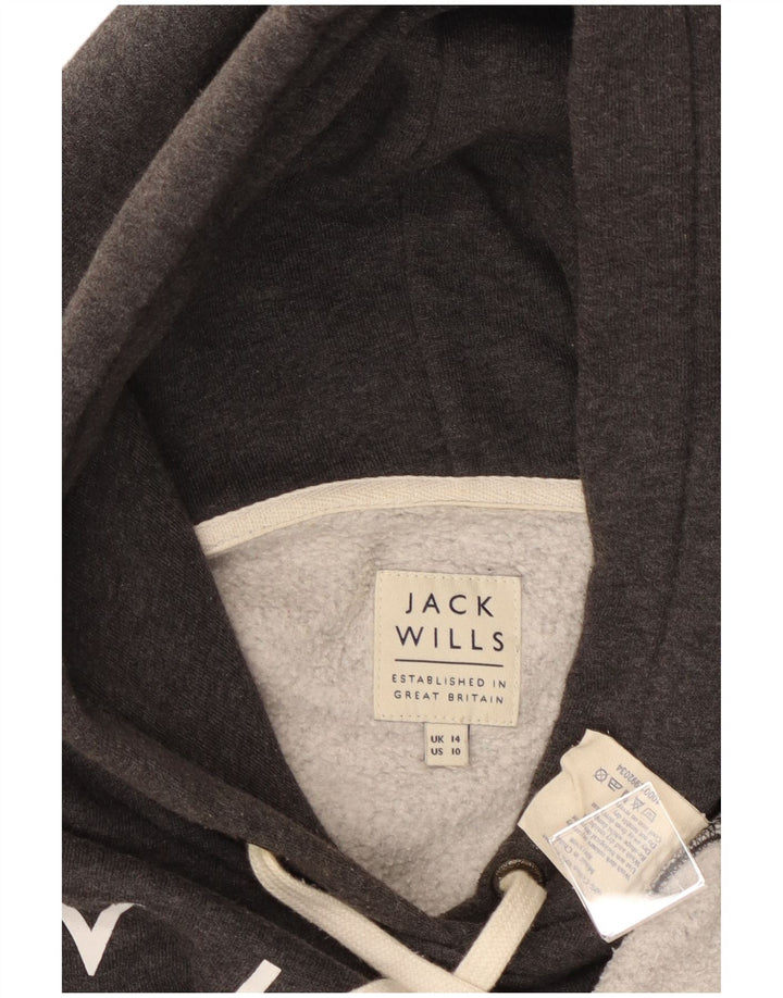 JACK WILLS Γυναικείο γραφικό μπλούζα με κουκούλα UK 14 μεγάλο γκρι βαμβακερό