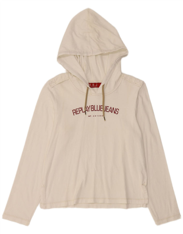 REPLAY Γυναικείο τοπ με κουκούλα γραφικό μακρυμάνικο UK 14 μεγάλο λευκό βαμβακερό