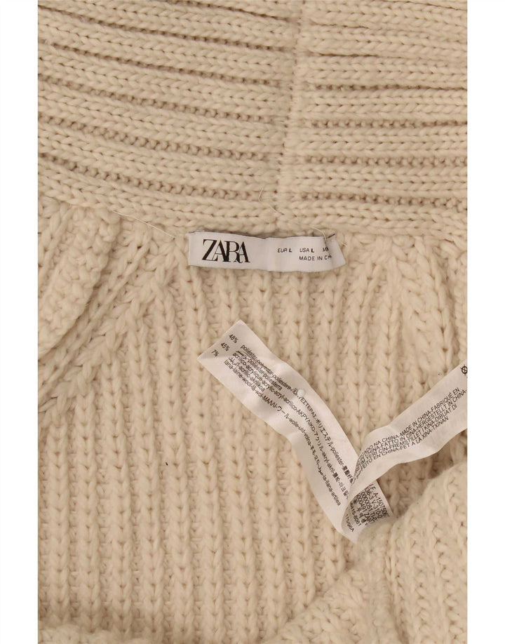 Zara Γυναικείο Longline ανοιχτό πουλόβερ ζακέτα UK 16 Large Beige Polyester