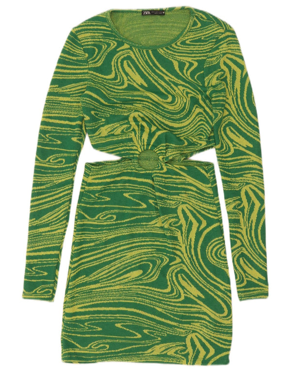 Zara Womens Abstract Pattern Cutout Bodycon Dress UK 8 Small Green