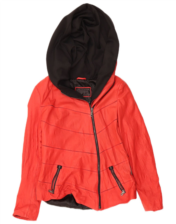 IBIZA Γυναικείο Δερμάτινο Μπουφάν με κουκούλα UK 20 2XL Κόκκινο Δερμάτινο μπλοκ χρώματος