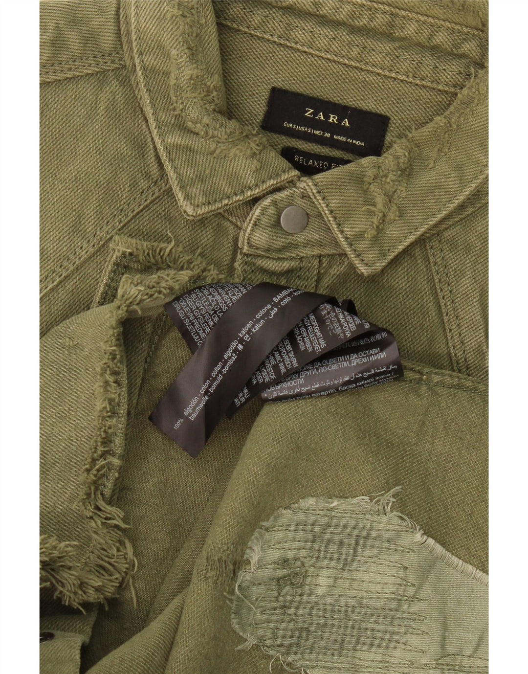 Ανδρικό τζιν πουκάμισο ZARA ταλαιπωρημένο με χαλαρή εφαρμογή Μικρό χακί βαμβακερό