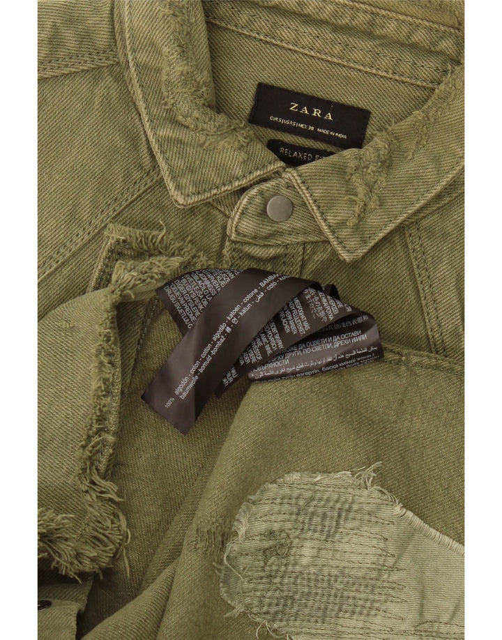 Ανδρικό τζιν πουκάμισο ZARA ταλαιπωρημένο με χαλαρή εφαρμογή Μικρό χακί βαμβακερό