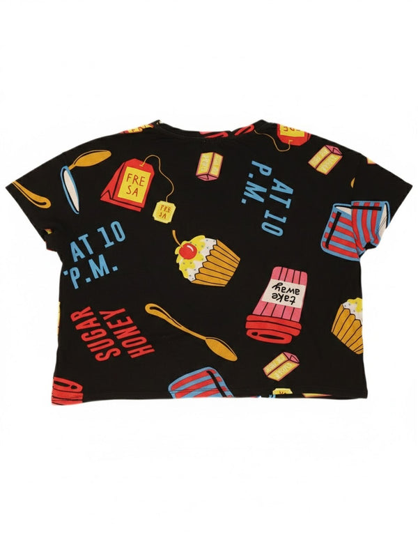 Zara Γυναικείο T-Shirt Crop Oversized γραφικό Top UK 14 Medium Black