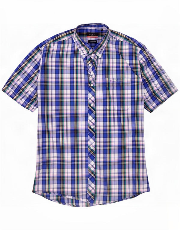 Pierre Cardin Mens Short Sleeve Shirt Large Blue Check Cotton