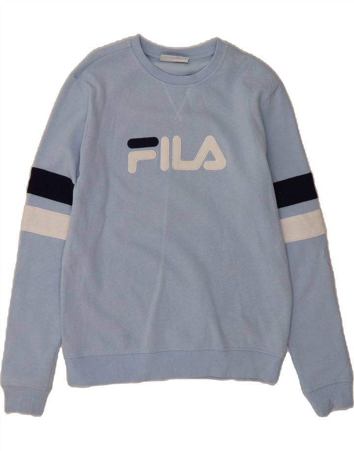 FILA Mens Graphic Sweatshirt Jumper Medium Blue Colourblock Cotton Vintage Fila and Second-Hand Fila from Messina Hembry 