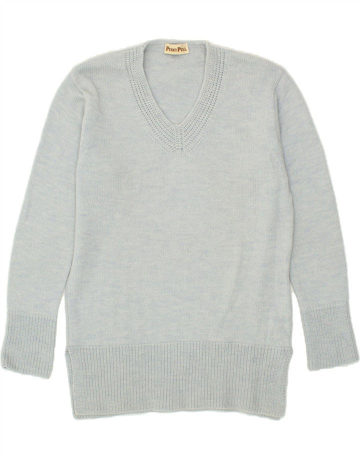 PENNY PULL Womens V-Neck Jumper Sweater UK 14 Medium Blue Wool Vintage Penny Pull and Second-Hand Penny Pull from Messina Hembry 