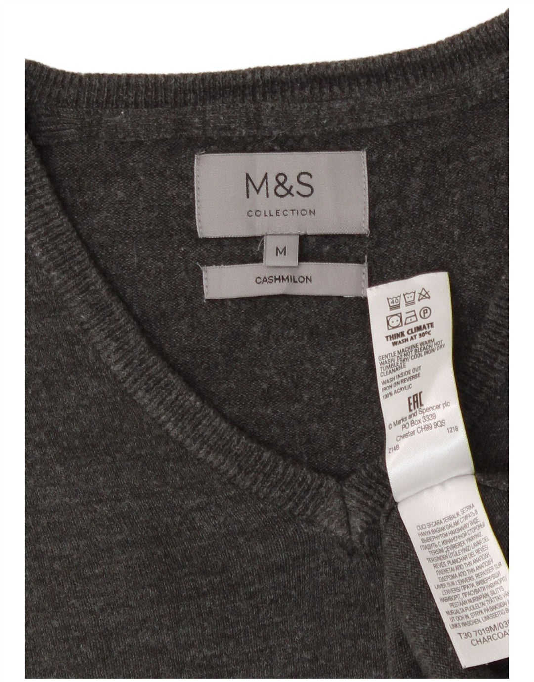 Marks & Spencer Ανδρικό πουλόβερ με λαιμόκοψη με λαιμόκοψη με μεσαίο γκρι ακρυλικό